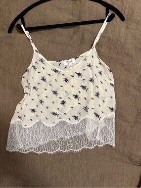 Floral Lace Trim Cami Tank Top - Cream with Navy Print